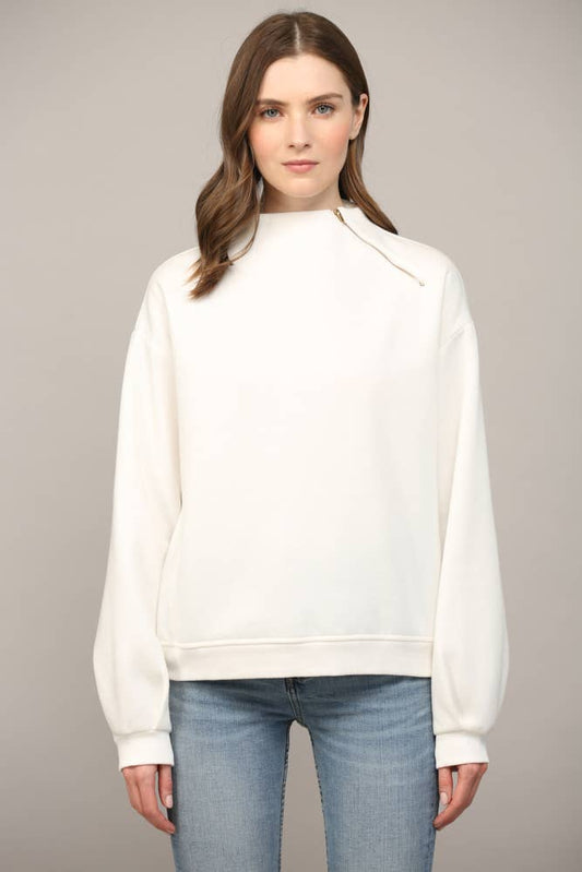 ZIPPER TRIMMED ROUND NECK SWEATSHIRT
