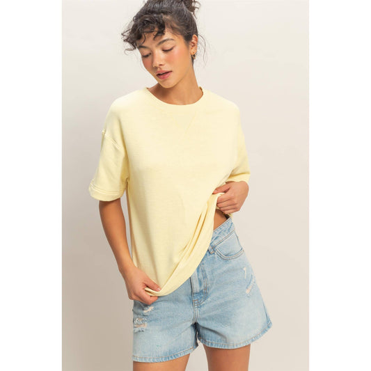 Crew Neck Short Sleeve Top (Pale Yellow or Sage Green)
