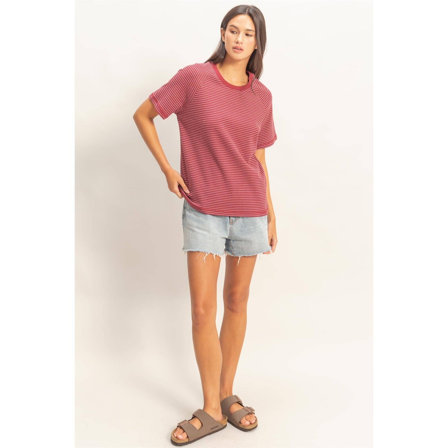 Textured Striped Raglan Sleeve Tee