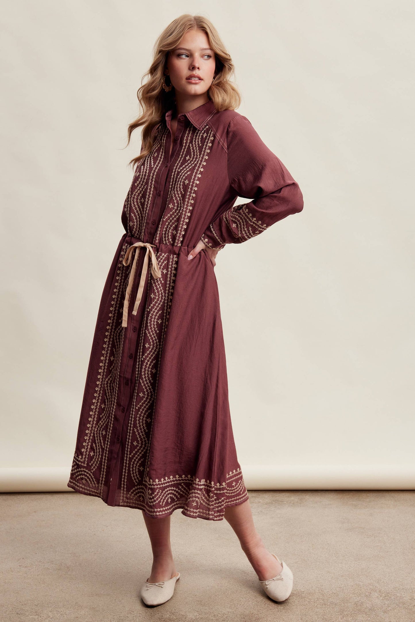 Embroidered Button Front Midi