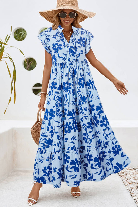 Floral Print Tiered Frilled Trim Flutter Sleeve Dress