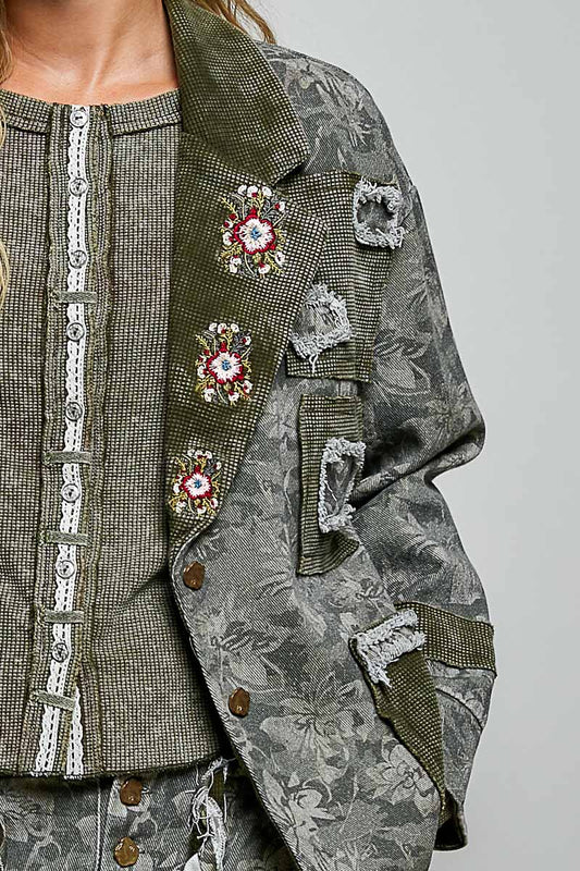 Vintage Wash Thermal Patch Floral Embroidery Jacket Top