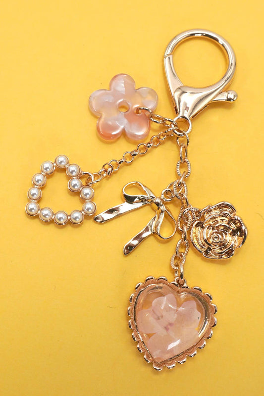 BAG CHARM- PRESSED FLOWER BOW PEARL HEART CHARMS