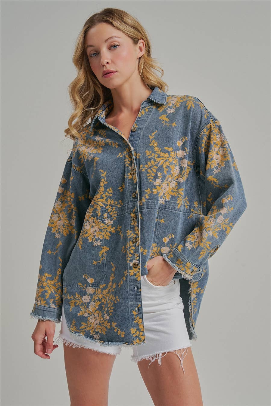 FLORAL DENIM RELAXED SHIRT TOP WITH POCKETS