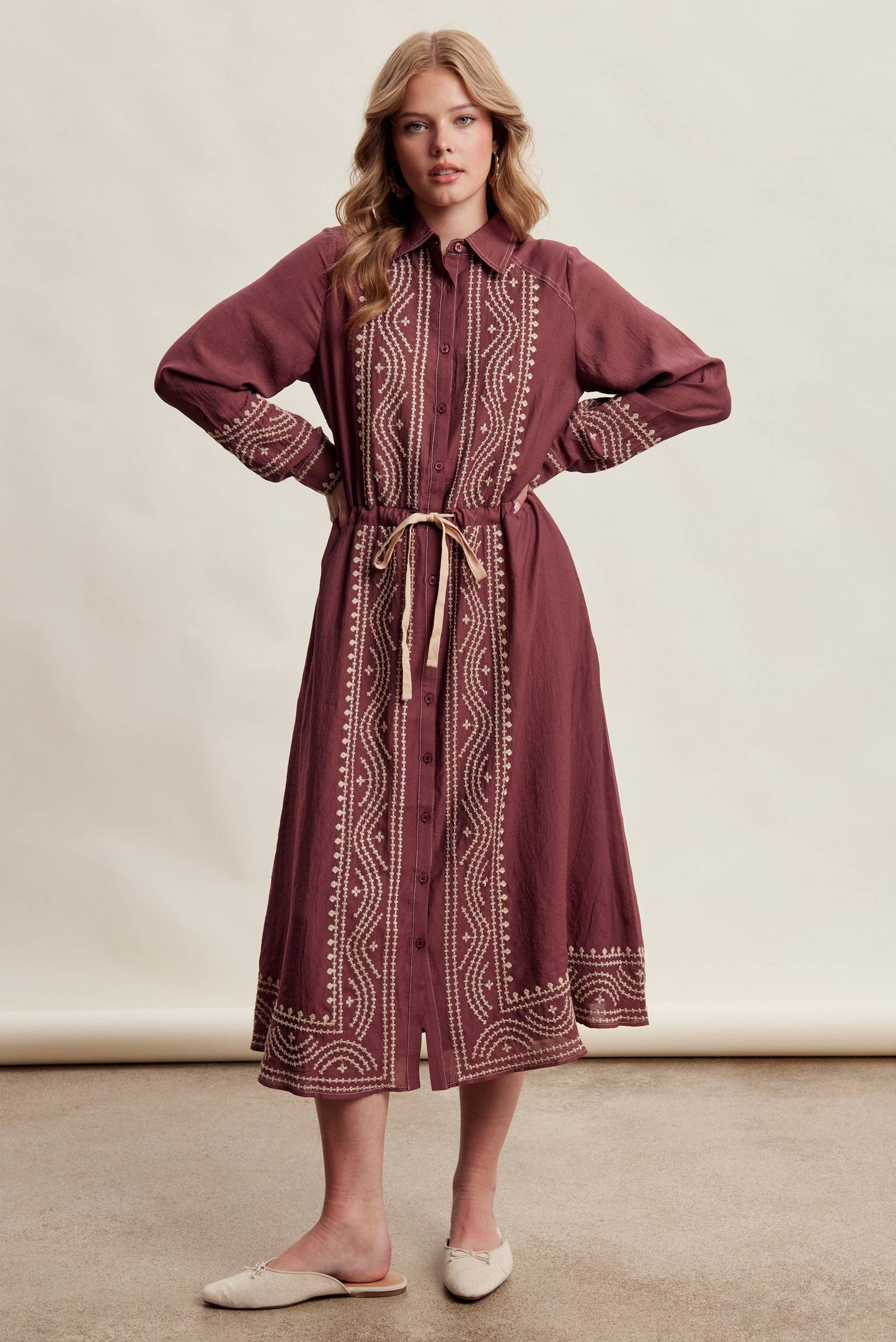 Embroidered Button Front Midi