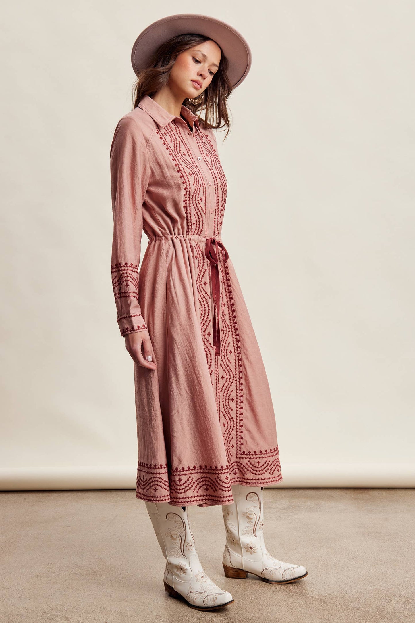 Embroidered Button Front Midi