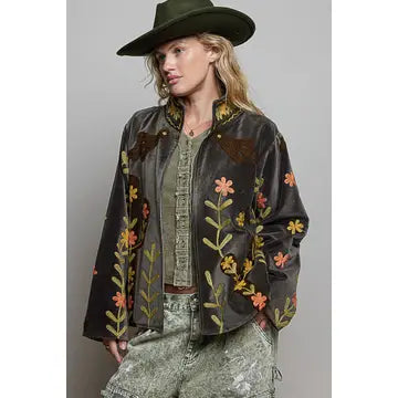 Vine Embroidery Floral Open-Front Closure Velvet Jacket