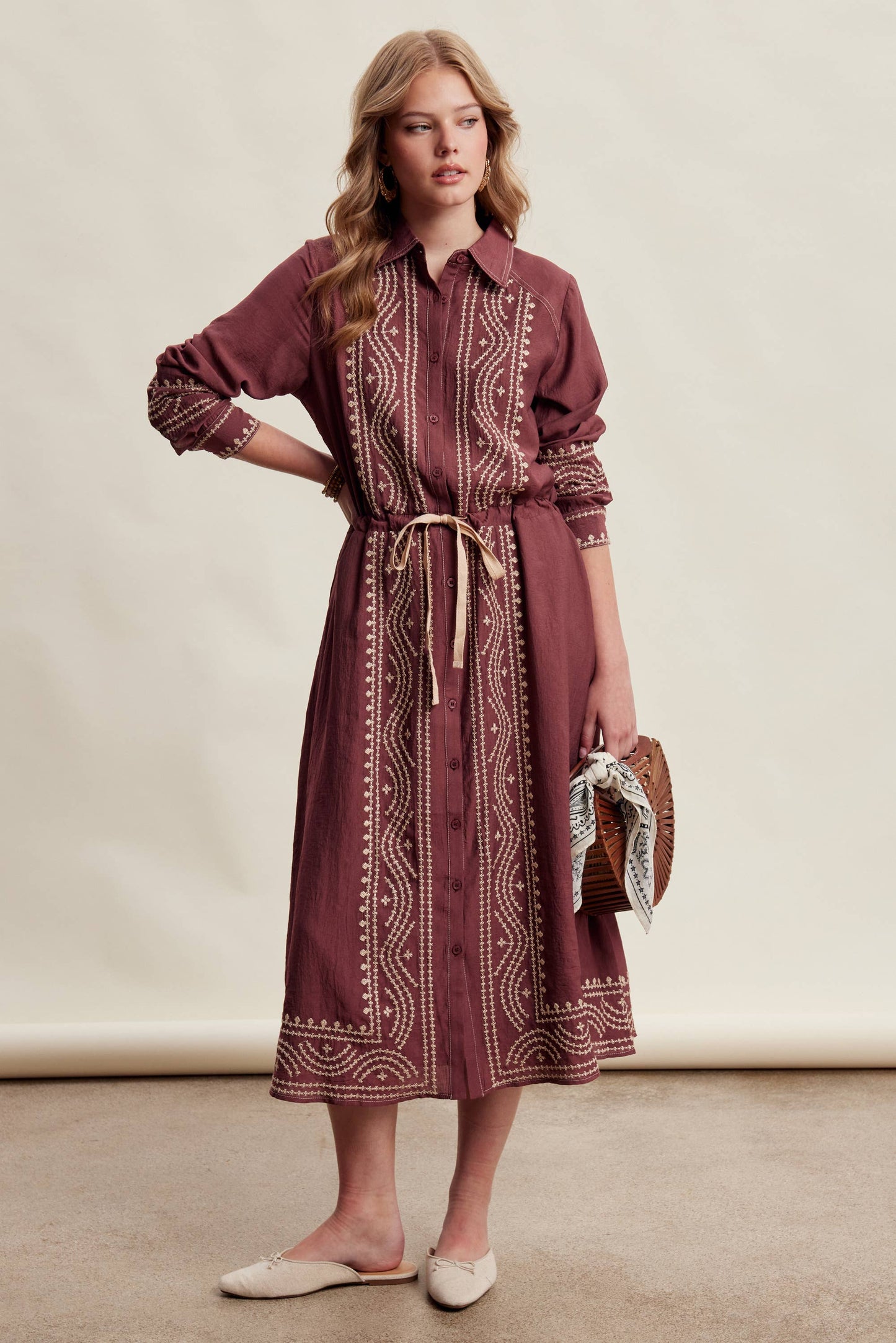 Embroidered Button Front Midi