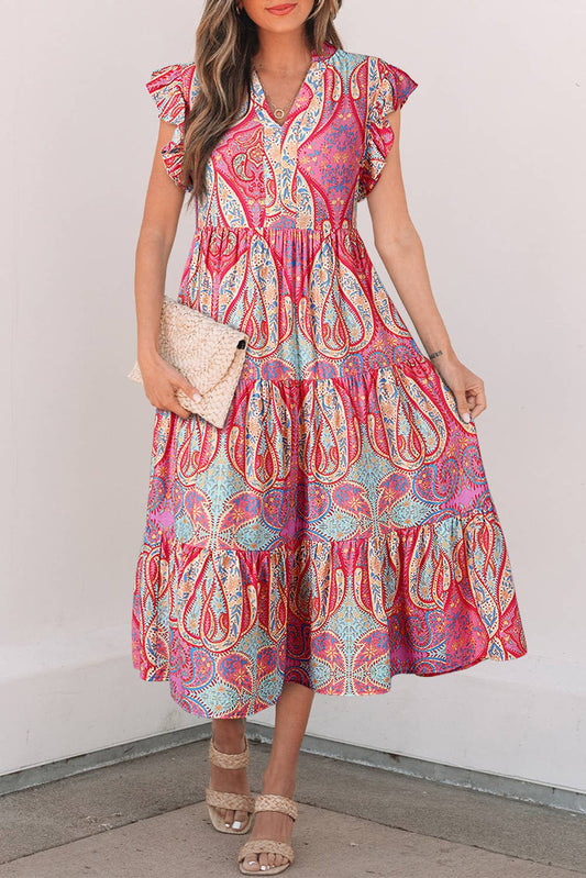 Paisley Print Ruffled Sleeve Notch Neck Dress