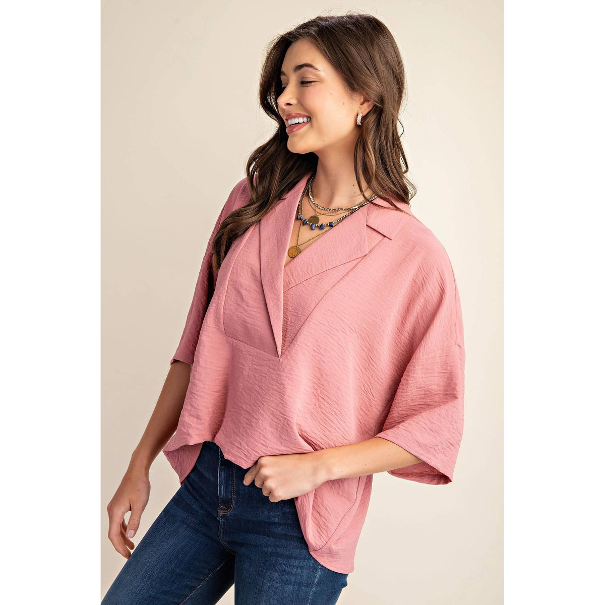 V-Neck Collared Pop Over Top-Teal or Dusty Pink