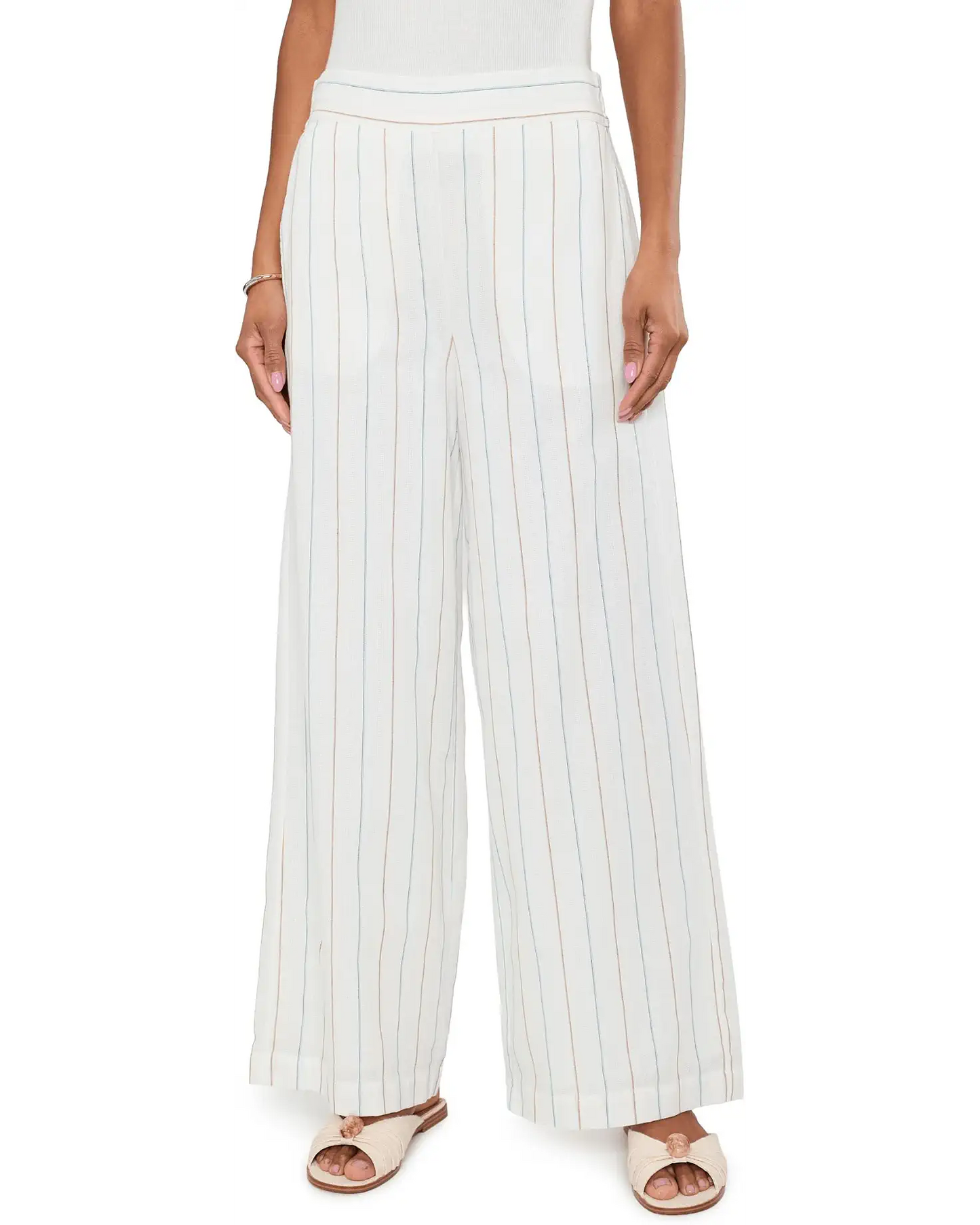Liverpool Woven Stripe Mid Rise Wide Leg Full Length Pants