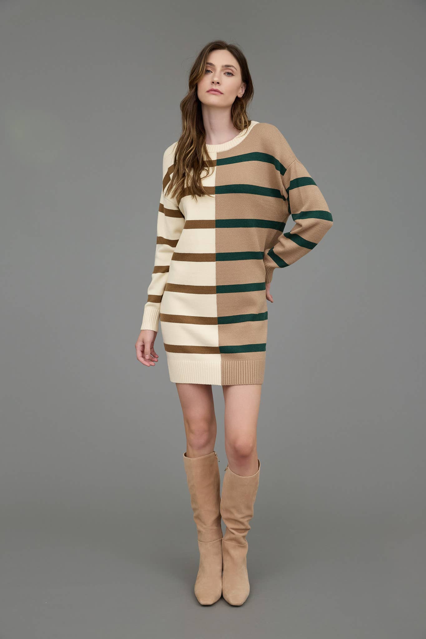 STRIPE COLORBLOCK LONG SLEEVE MINI SWEATER DRESS