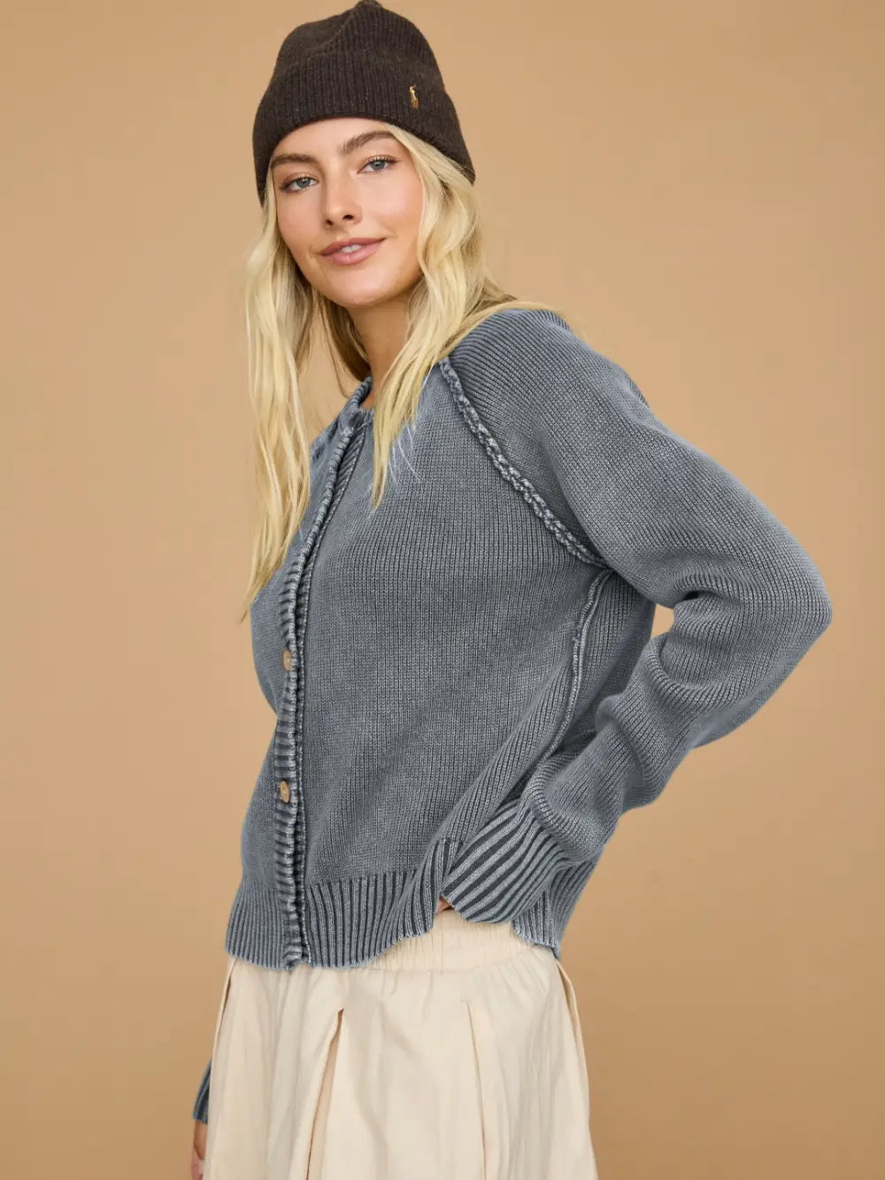 Washed Exposed Seam Button Front Knit Cardigan