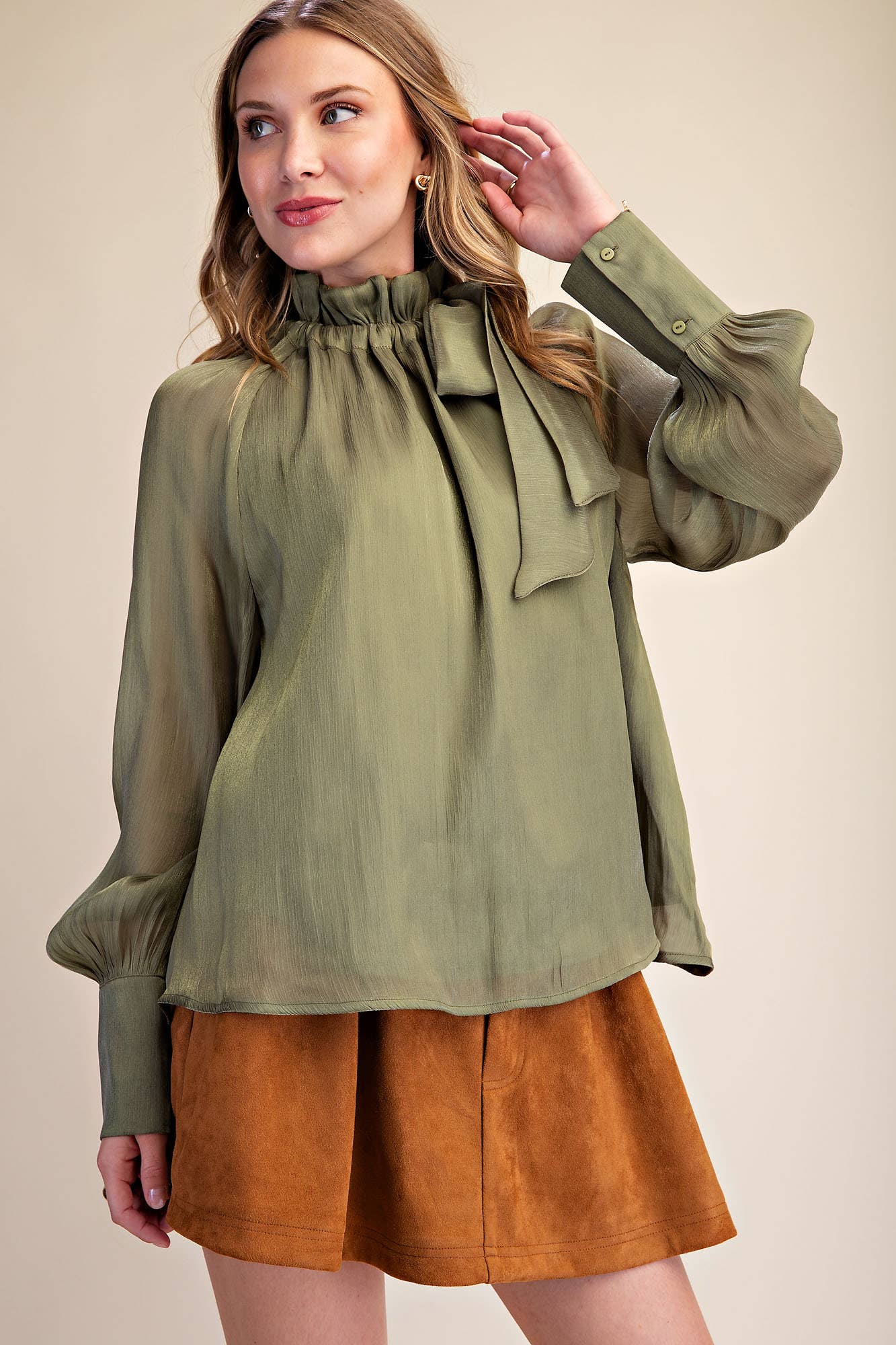 Ruffle Neck Adjustable Tie Long Sleeve Blouse