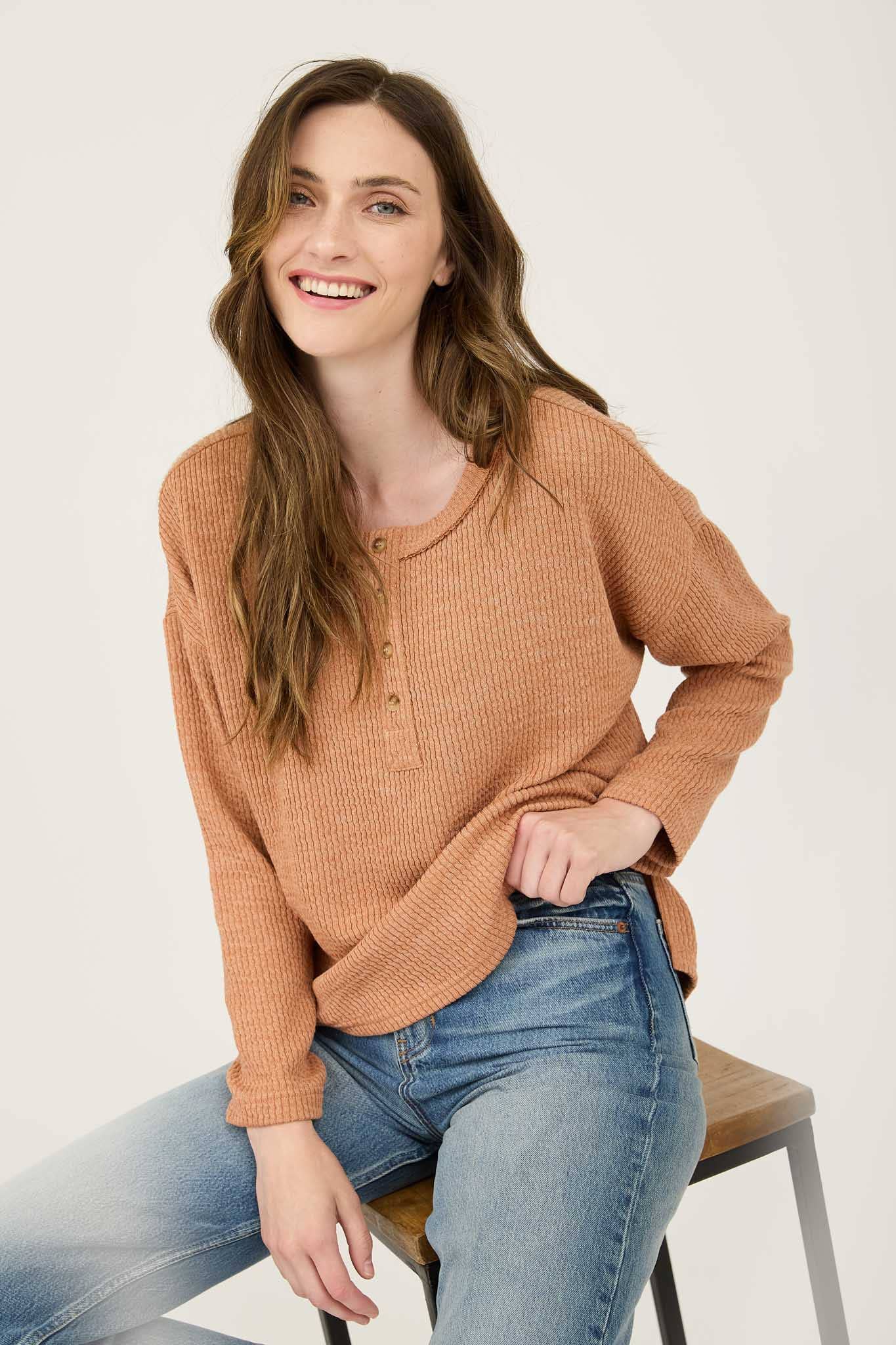 WAFFLE KNIT HENLEY LONG SLEEVE KNIT TOP (3 Colors)