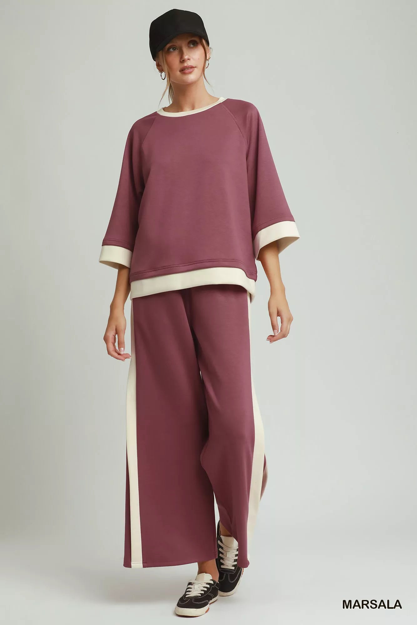 LUXEKNIT Colorblock Crewneck Raglan Sleeve Top (Coco Brown or Marsala)