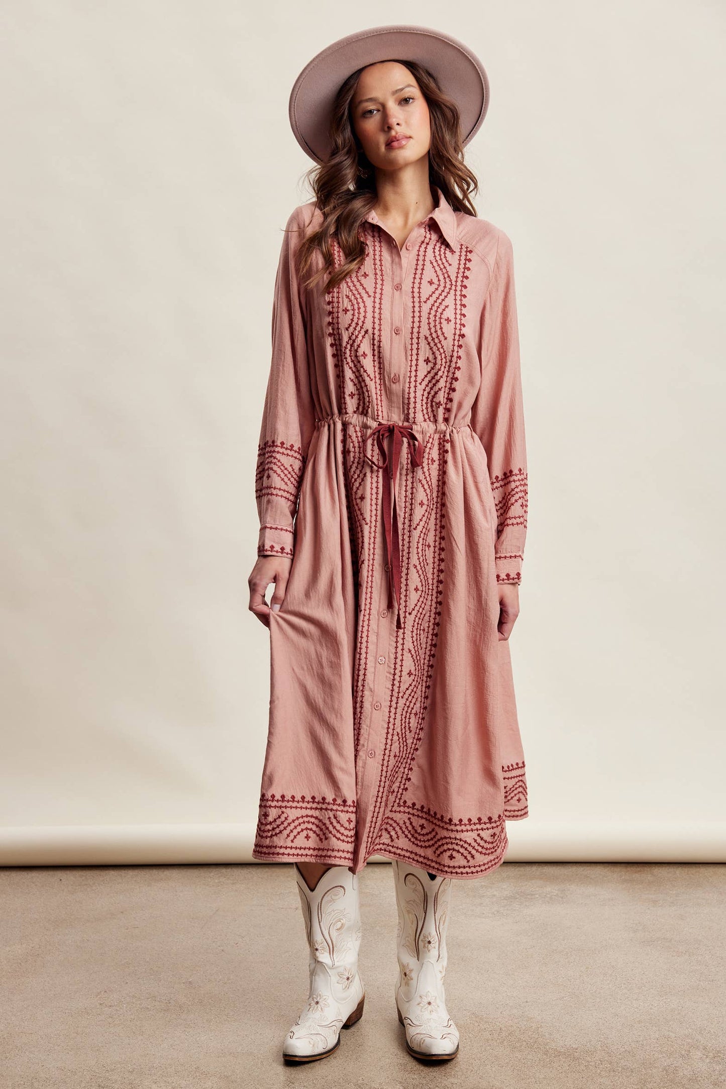 Embroidered Button Front Midi