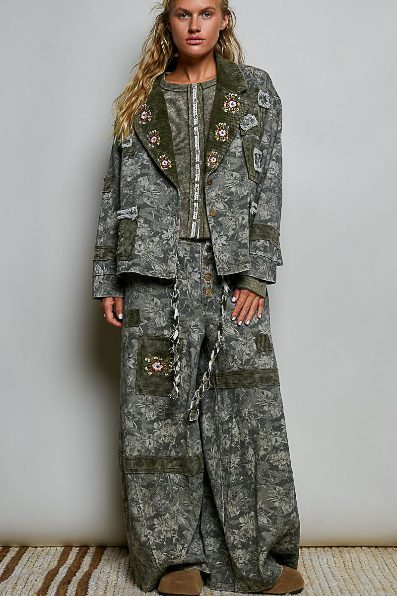 Vintage Wash Thermal Patch Floral Embroidery Jacket Top