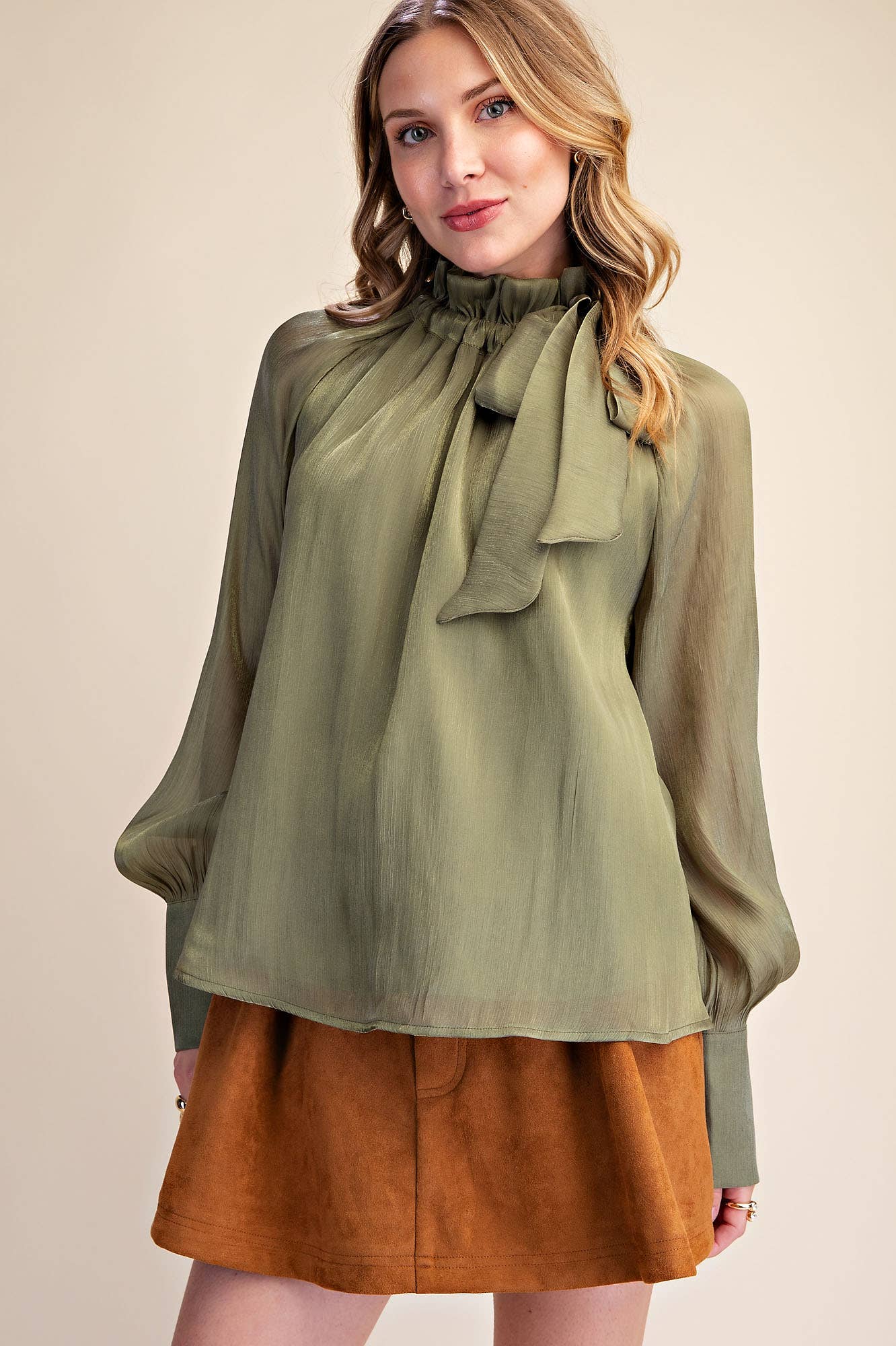 Ruffle Neck Adjustable Tie Long Sleeve Blouse
