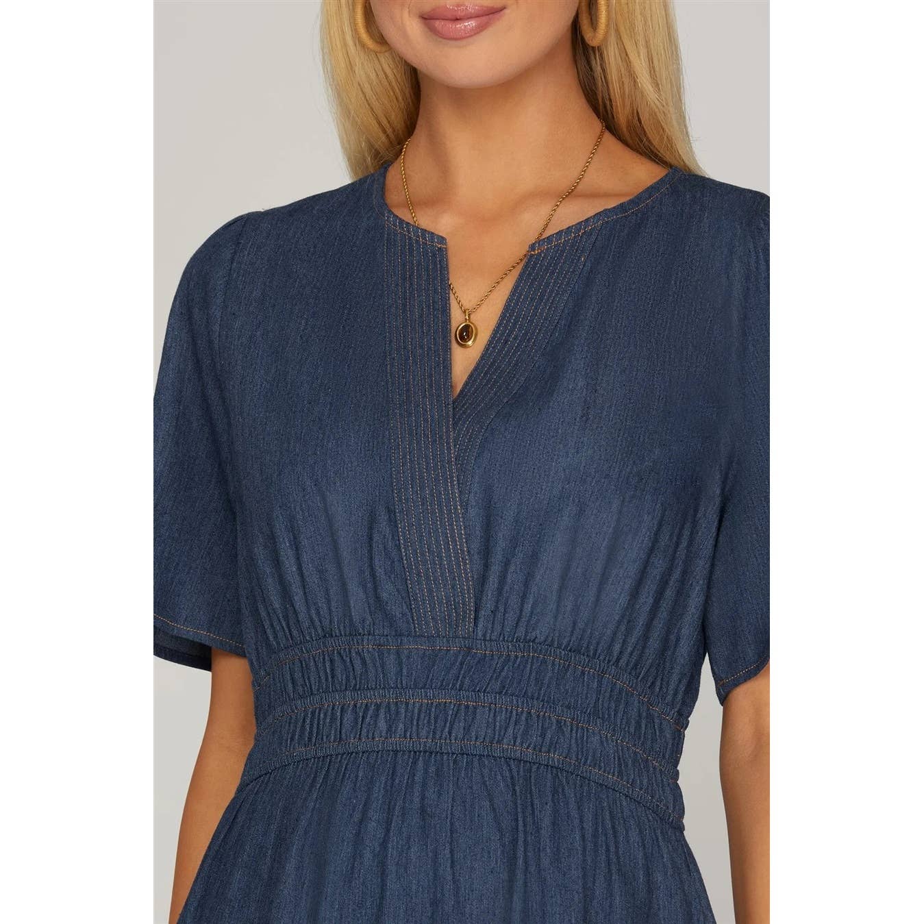 DENIM V NECK TIERED MIDI DRESS