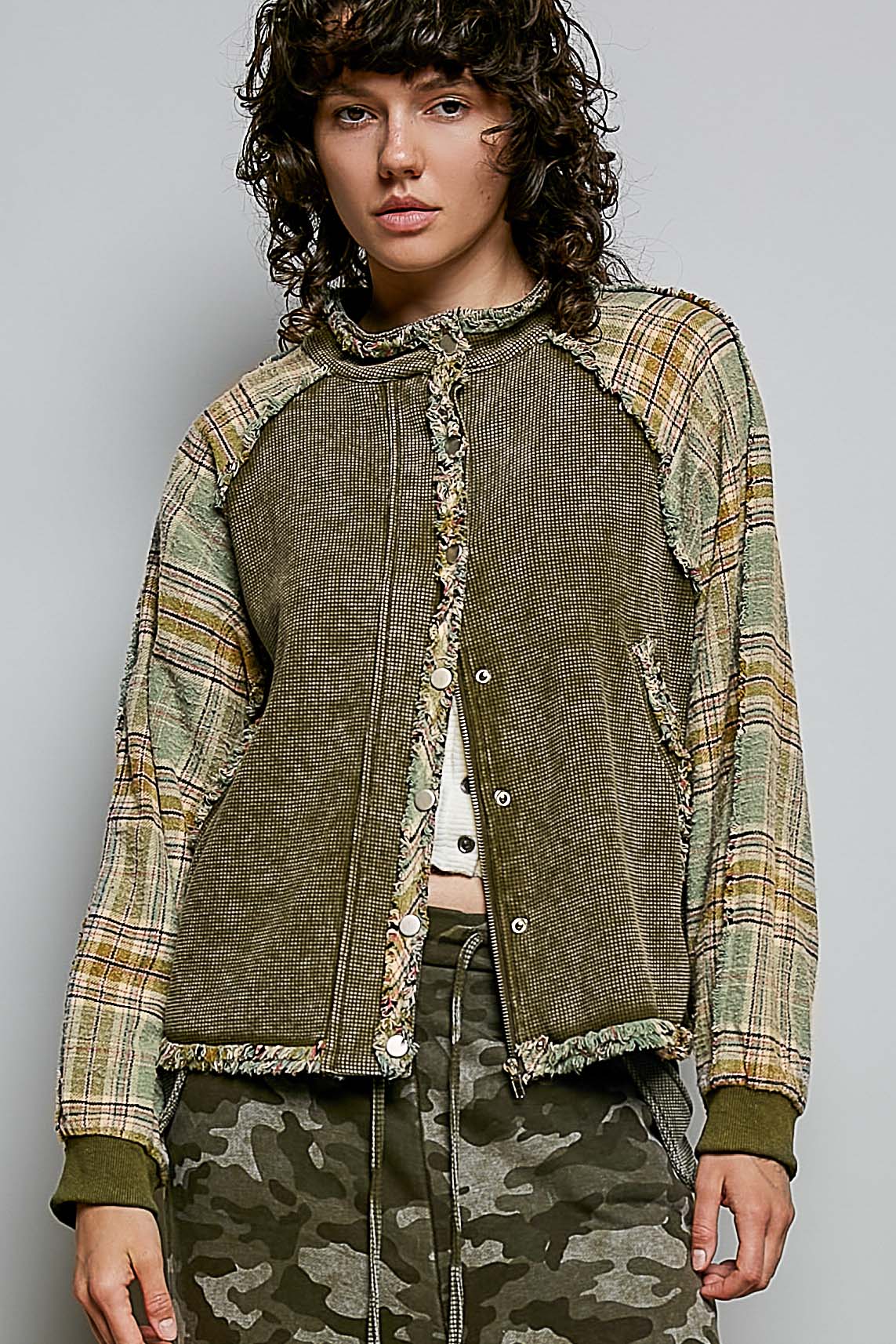 Plaid Patch Vintage Washing Rib Band Wrist Jacket