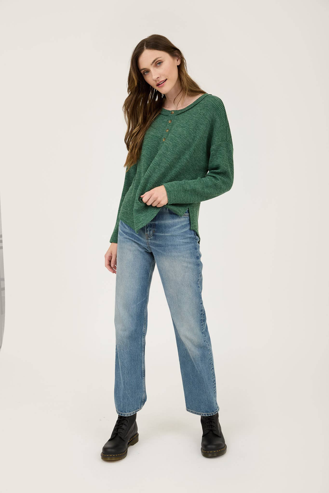 WAFFLE KNIT HENLEY LONG SLEEVE KNIT TOP (3 Colors)