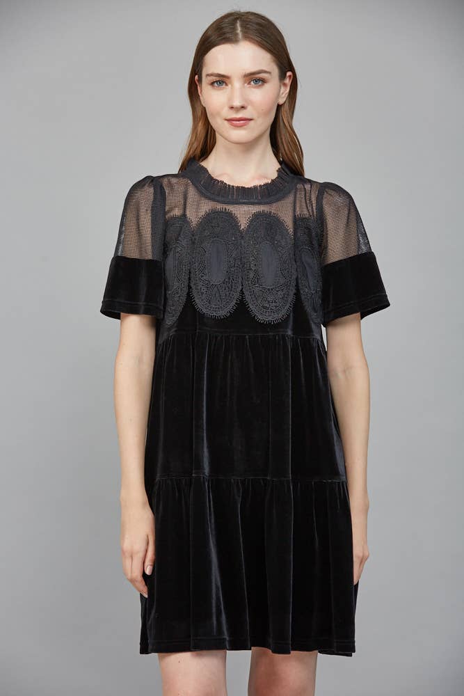 CONTRAST SHEER MESH Black INTRICATE LACE DETAIL VELVET