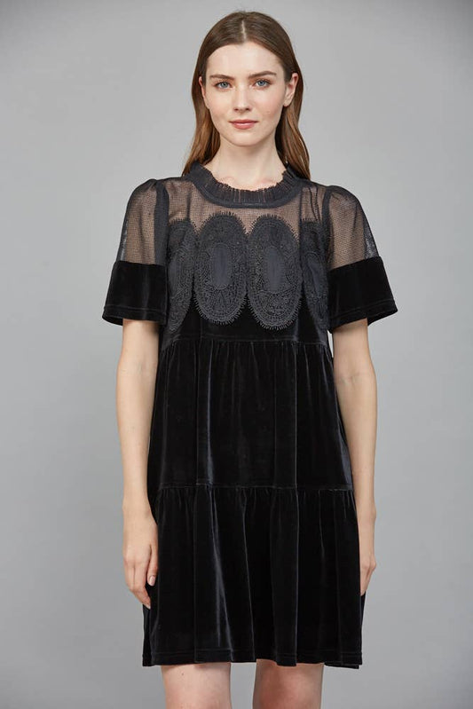 CONTRAST SHEER MESH Black INTRICATE LACE DETAIL VELVET