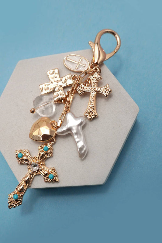 BAG CHARM- WESTERN HEART PEARLIZED CROSS