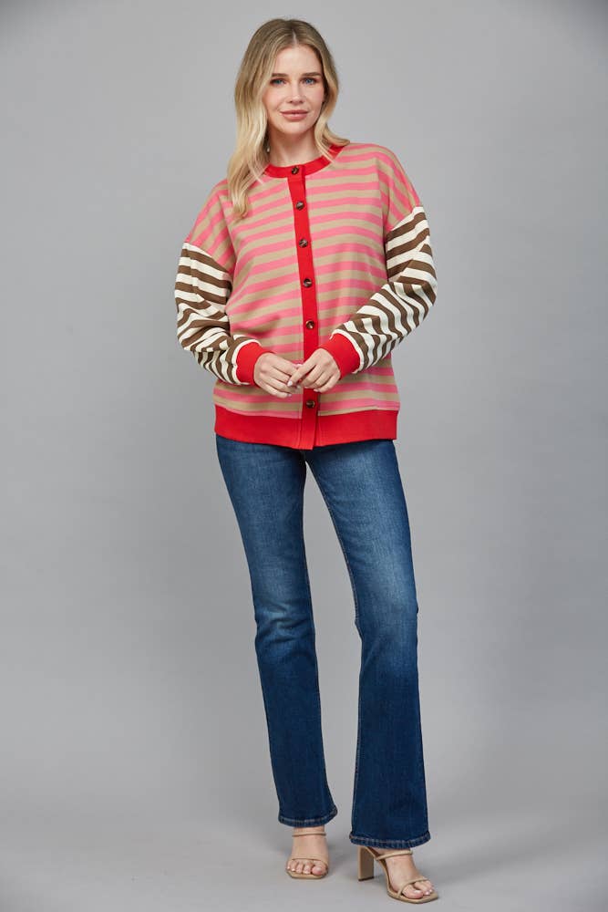 STRIPE COLOR DETAIL FRONT BUTTON CLOSURE CARDIGAN