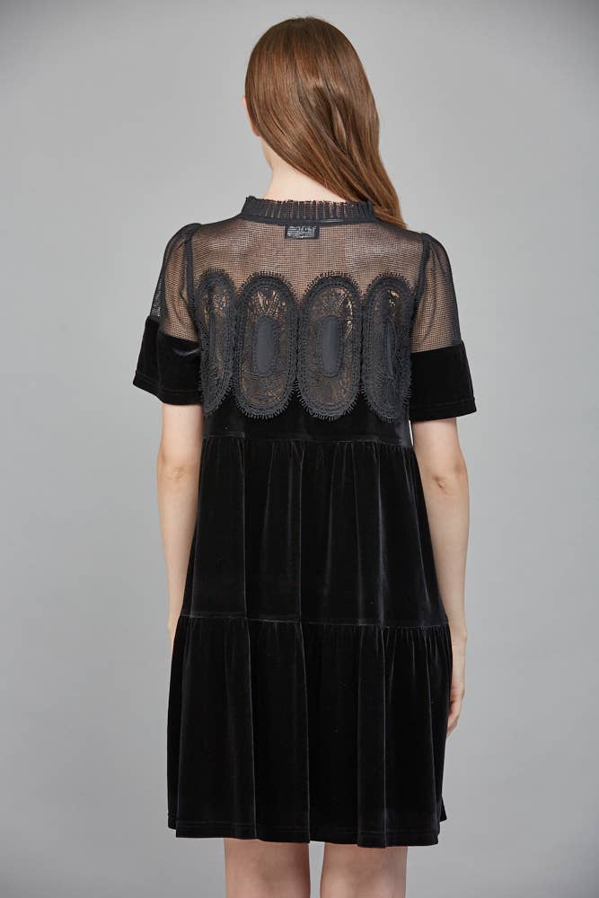 CONTRAST SHEER MESH Black INTRICATE LACE DETAIL VELVET