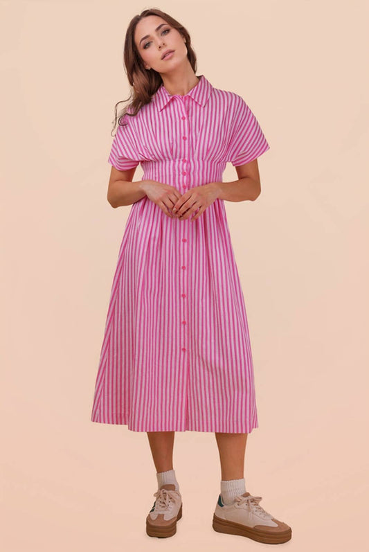 Candy Stripe Waist Pleated Midi Shirt Dress