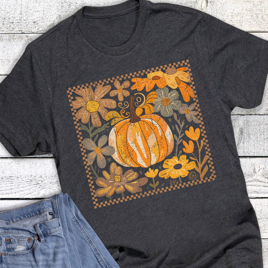 Fall Floral Pumpkin Check Graphic Tee