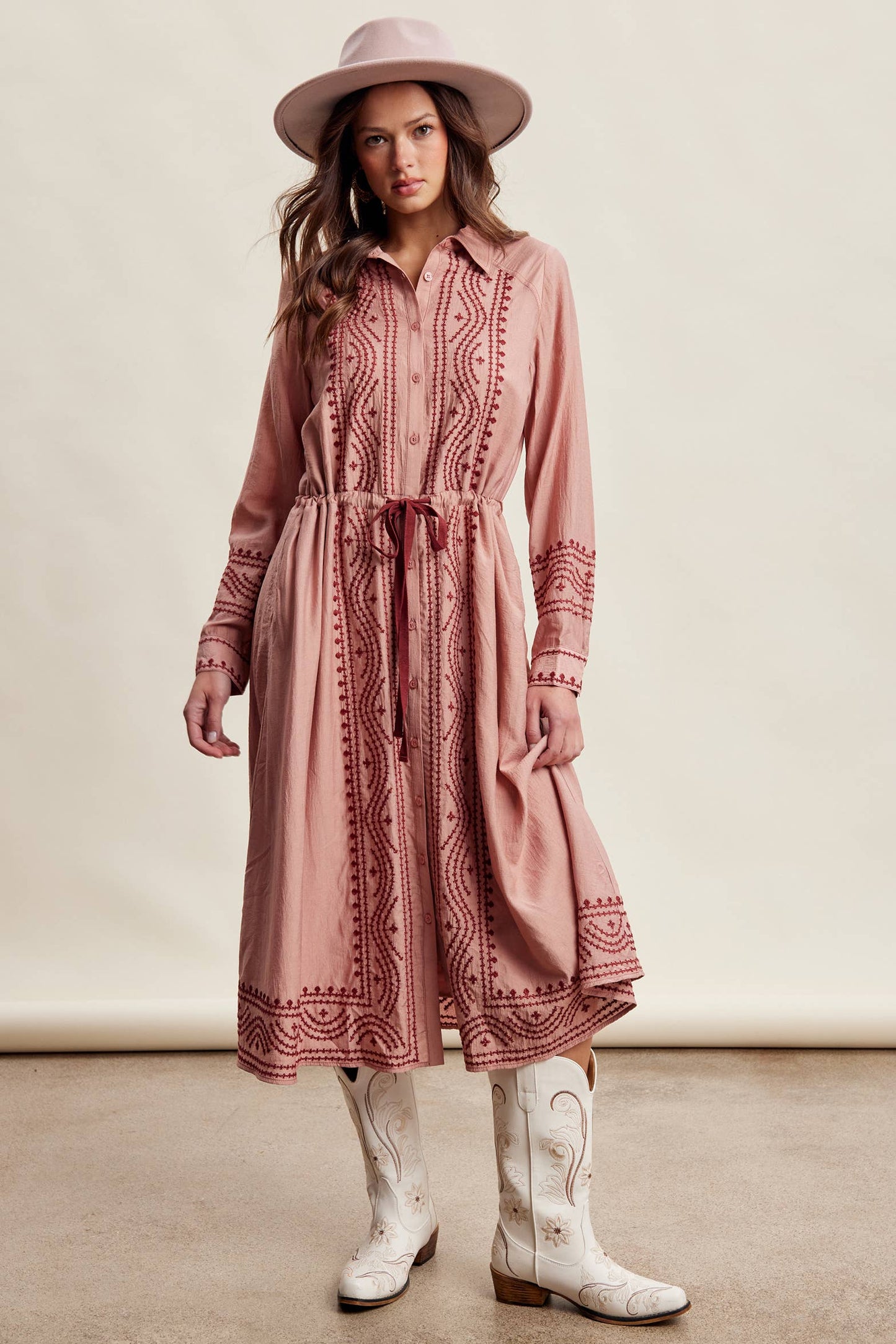 Embroidered Button Front Midi
