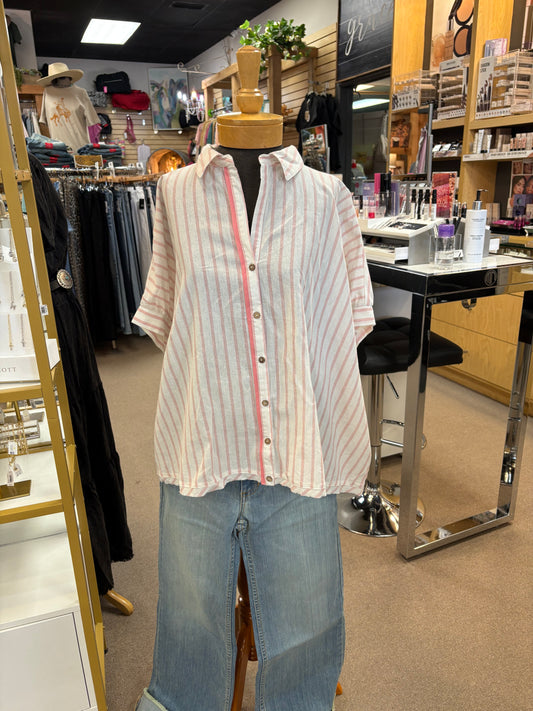Candy Pink Striped Button Down Top