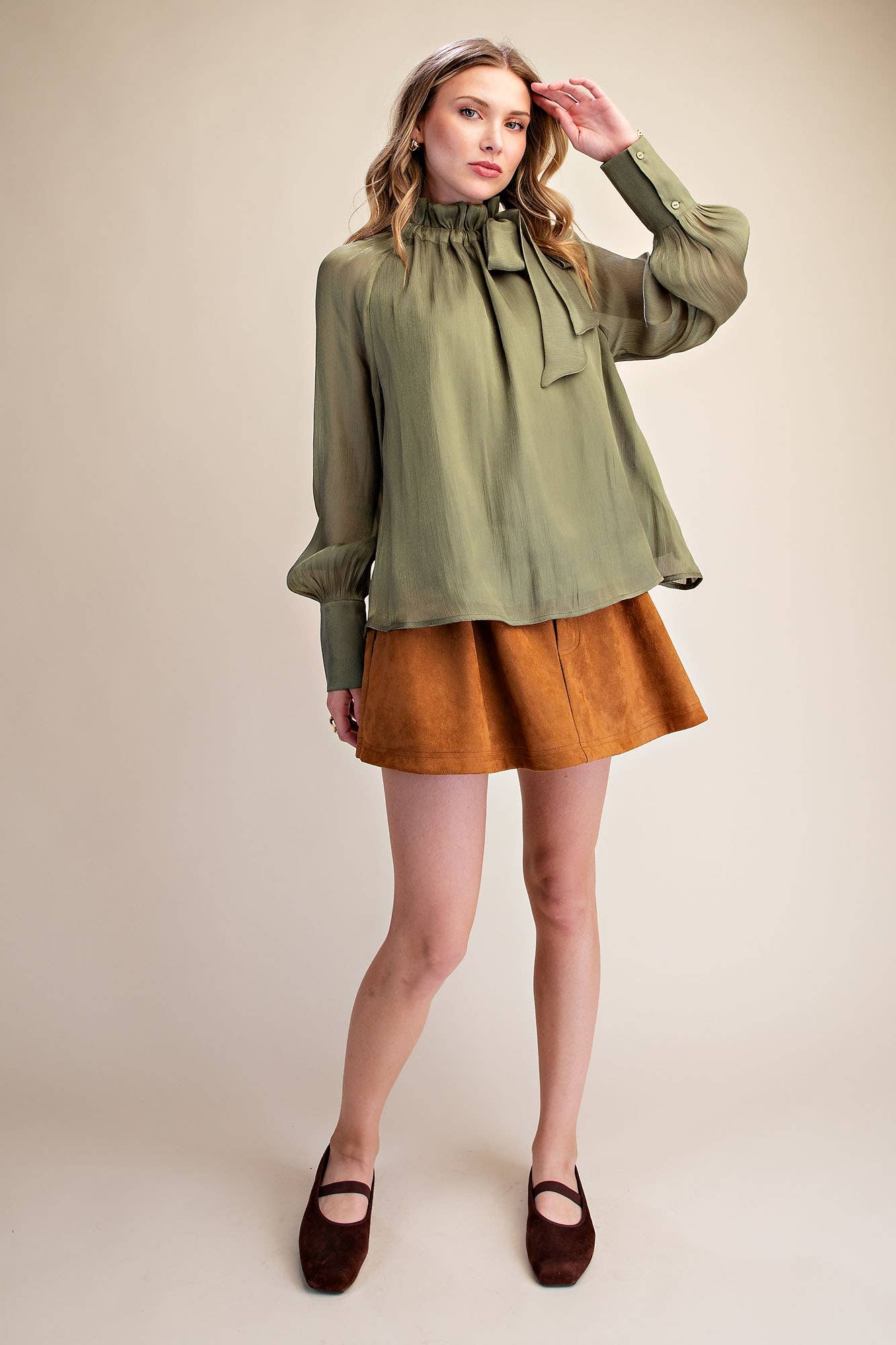 Ruffle Neck Adjustable Tie Long Sleeve Blouse