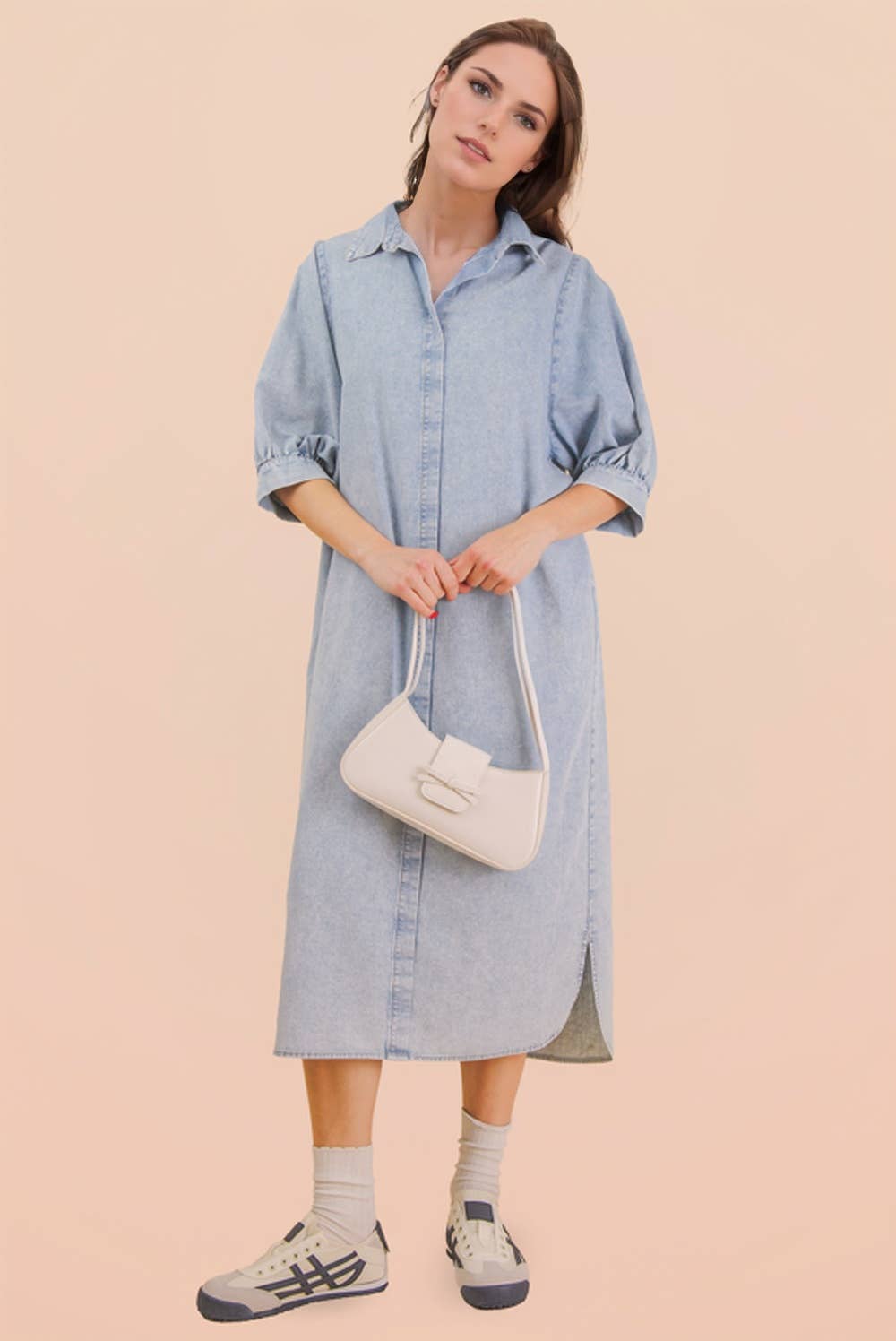 Washed Denim Casual Shirt Midi Dress