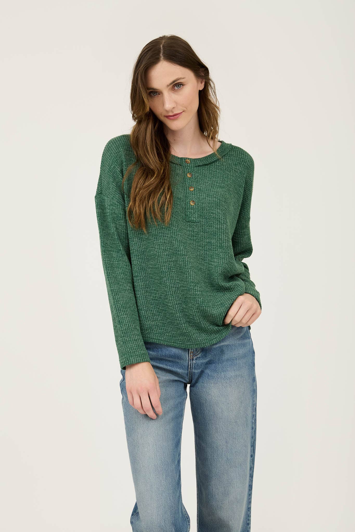 WAFFLE KNIT HENLEY LONG SLEEVE KNIT TOP (3 Colors)