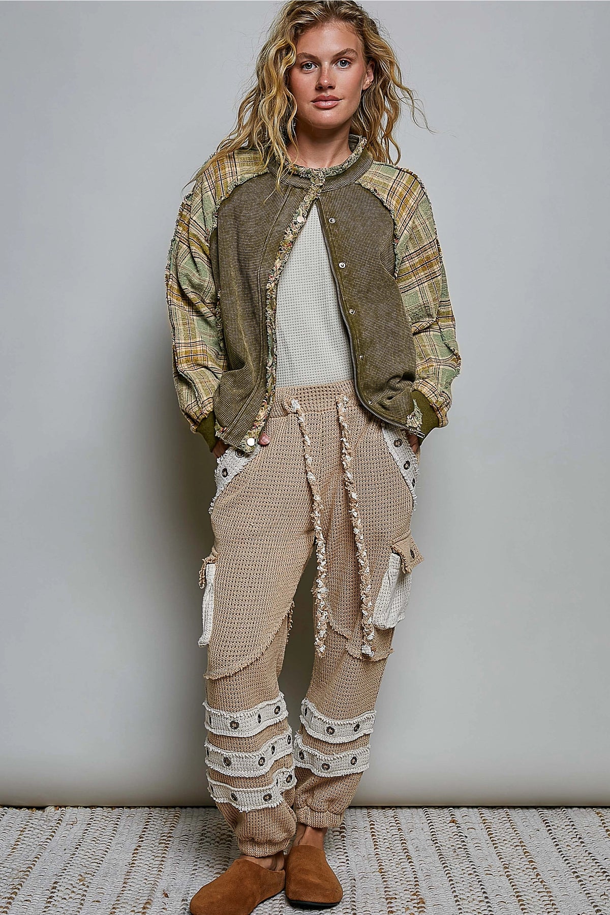 Plaid Patch Vintage Washing Rib Band Wrist Jacket