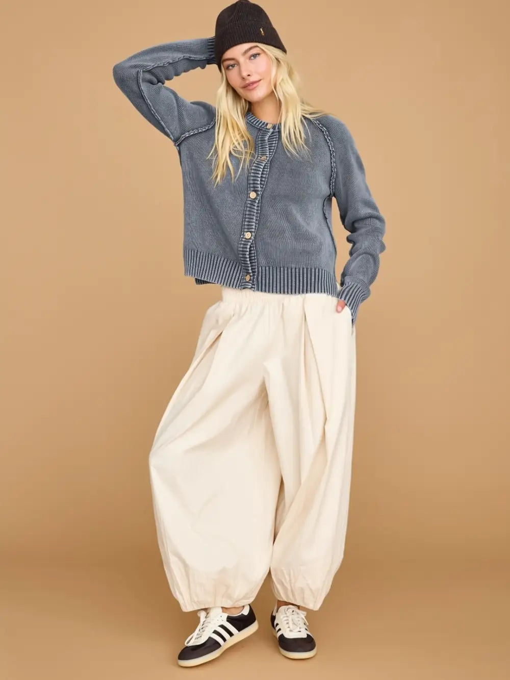 Washed Exposed Seam Button Front Knit Cardigan