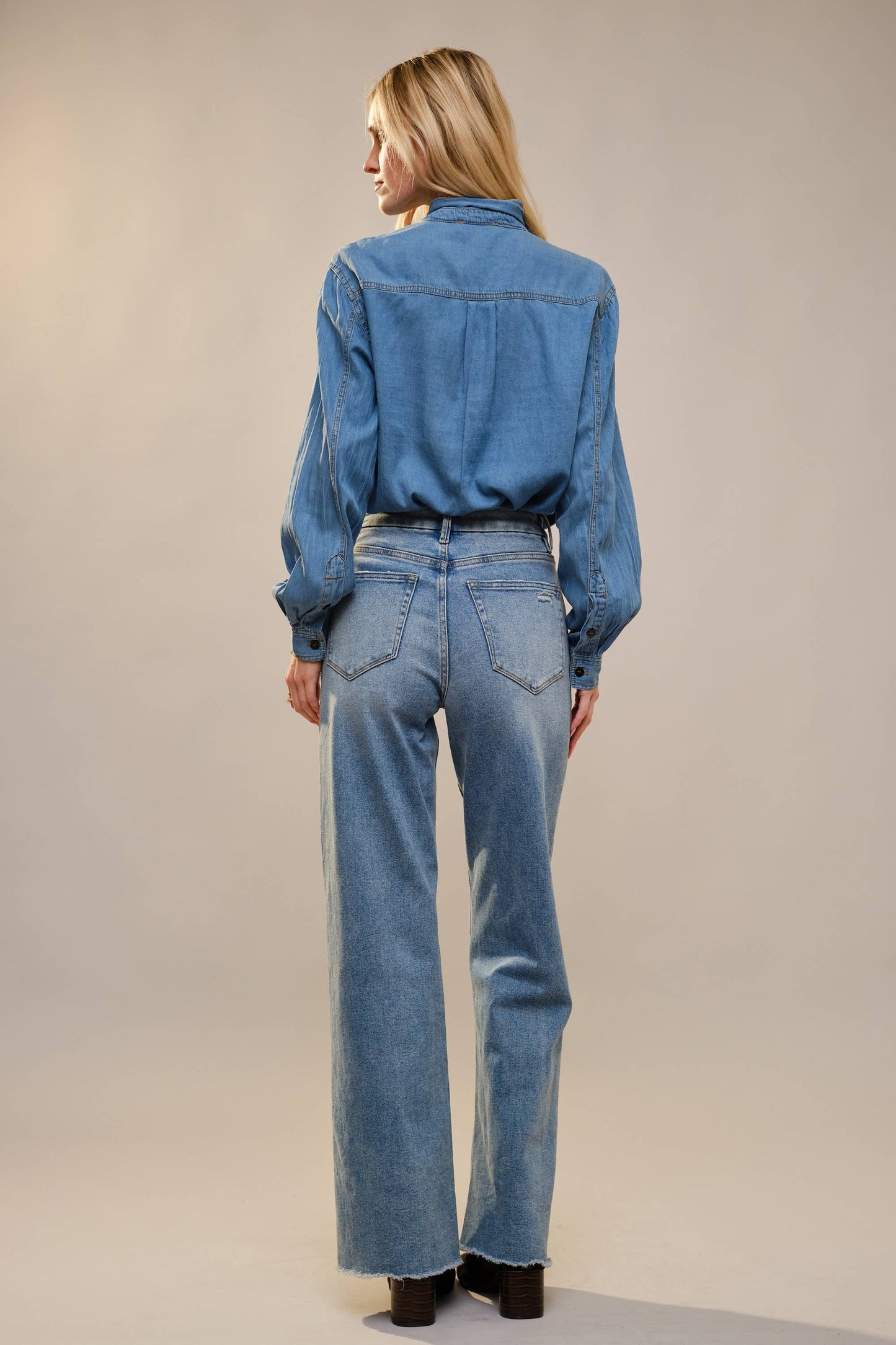 Tie Neck Hidden Button Chambray Blouse