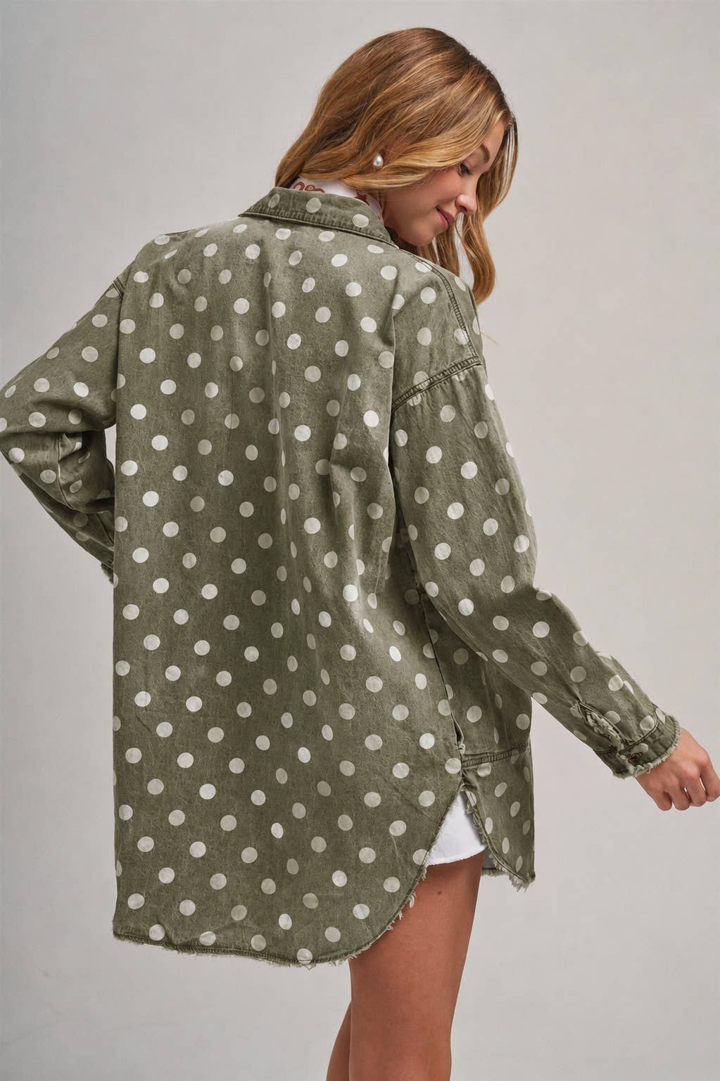 POLKA DOT FALL CHAMBRAY SHIRT TOP WITH POCKETS