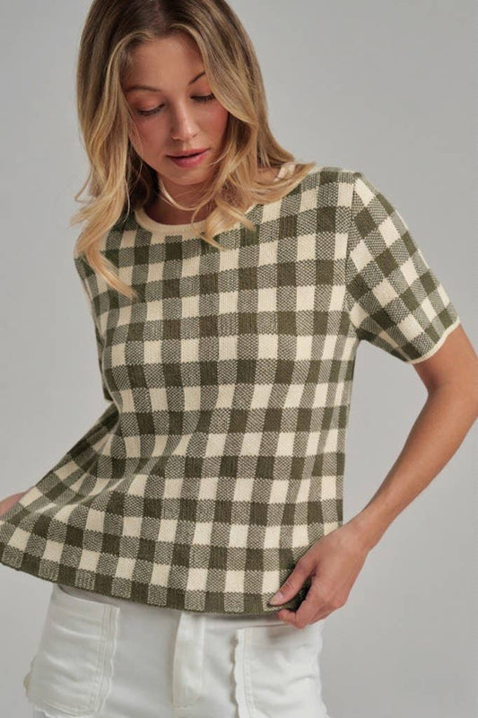GINGHAM CHECKERED PATTERN SWEATER CASUAL TOP