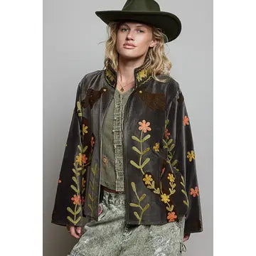 Vine Embroidery Floral Open-Front Closure Velvet Jacket