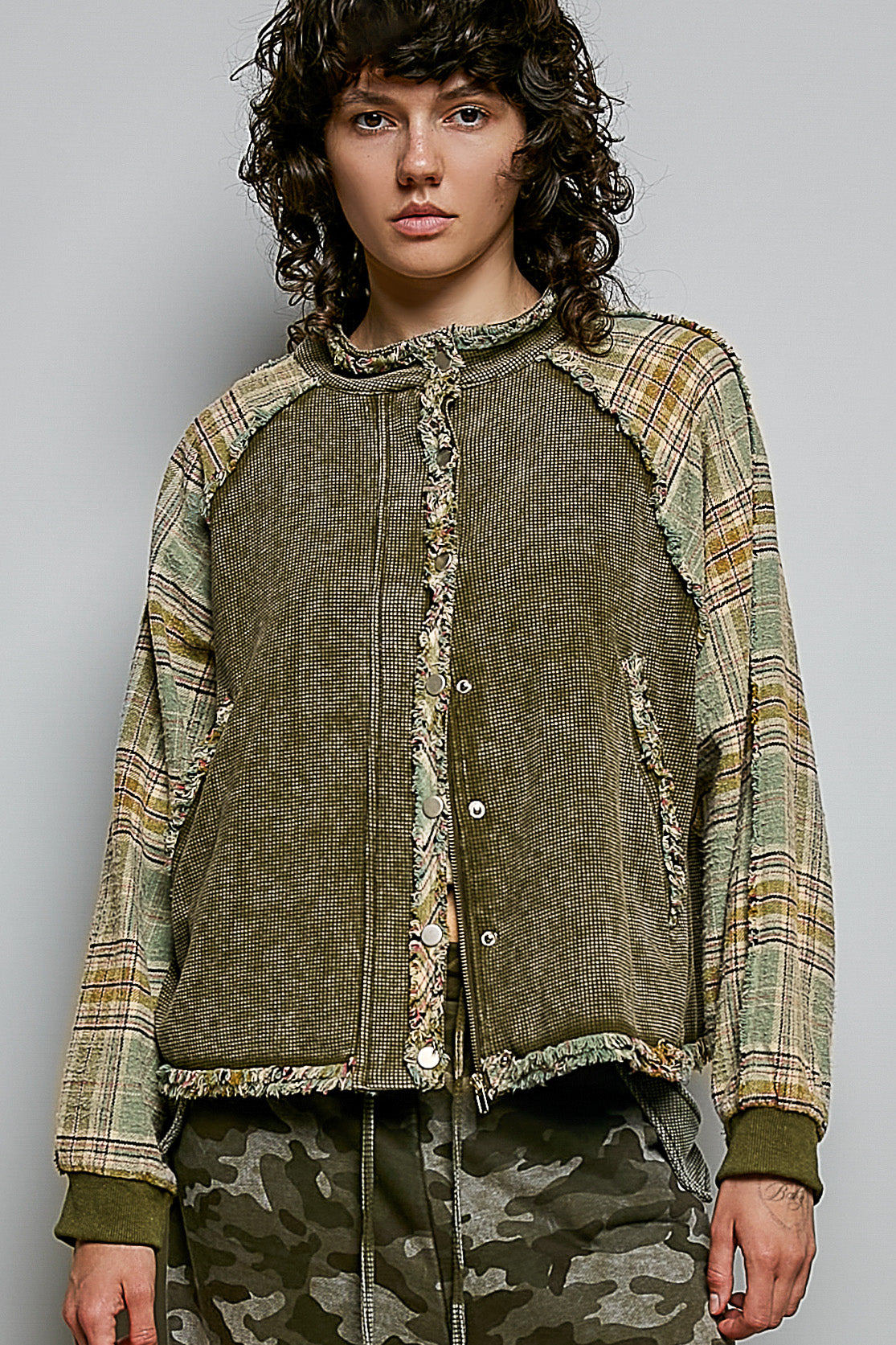 Plaid Patch Vintage Washing Rib Band Wrist Jacket