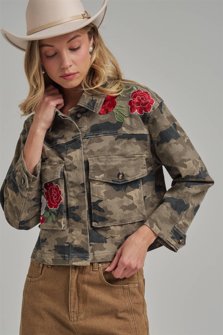 CAMOUFLAGE JACKET WITH FLORAL EMBROIDERY