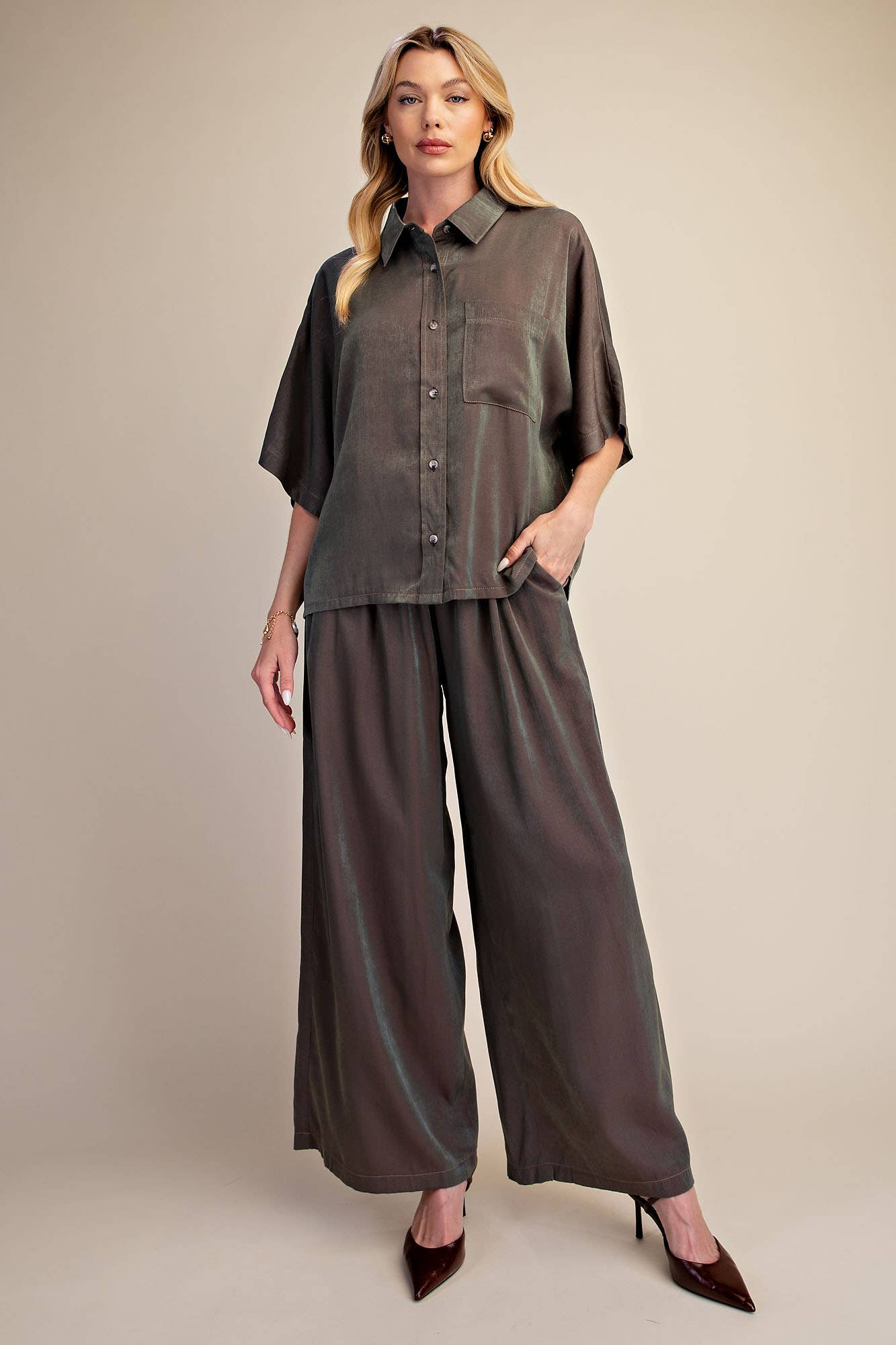 Button Down Flowy Shirt With Dolman Sleeve & Drawstring Wide Leg Pants Set