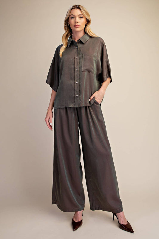 Button Down Flowy Shirt With Dolman Sleeve & Drawstring Wide Leg Pants Set