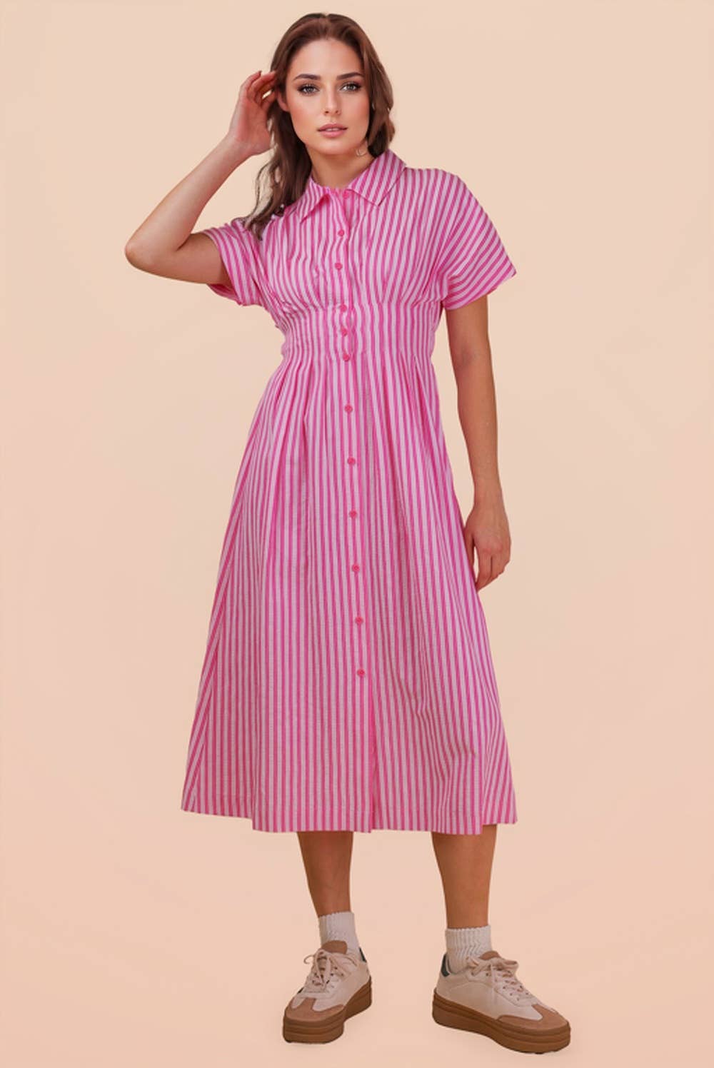 Candy Stripe Waist Pleated Midi Shirt Dress
