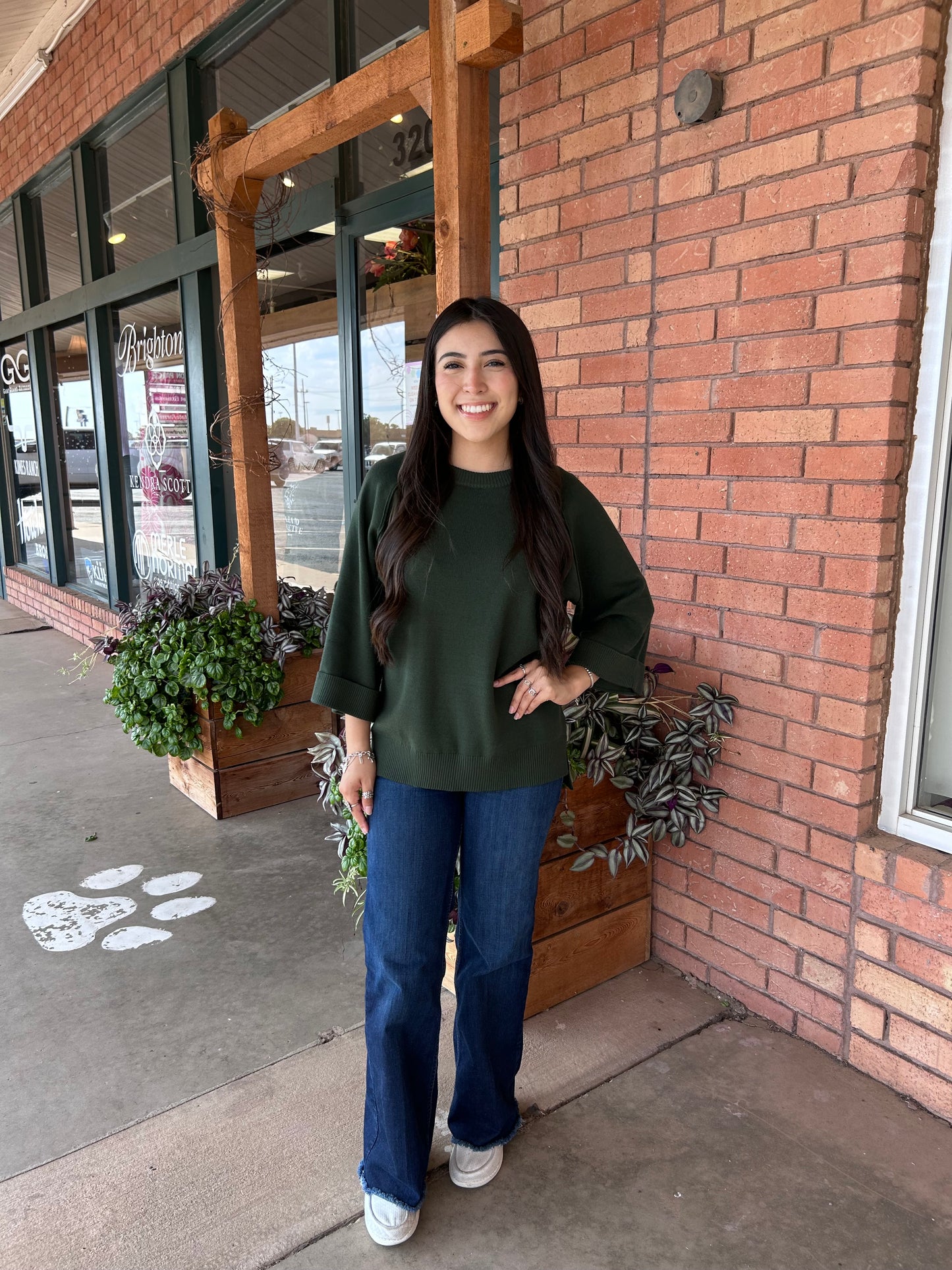 Crewneck Pullover Sweater Knit Top (Beige or Hunter Green)
